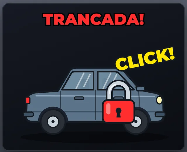 Cena: carro com cadeado, título TRANCADA